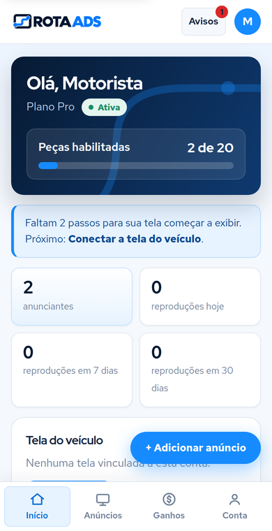Tela Início do painel de demonstração do motorista, com dados de exemplo