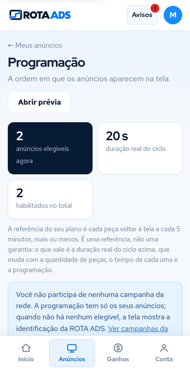 Tela Programação do painel de demonstração do motorista, com dados de exemplo